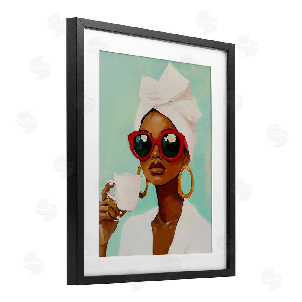 The Prints Vibe Coffee Lover in Red Sunglasses Black Framed Print Under Glass Wall Art