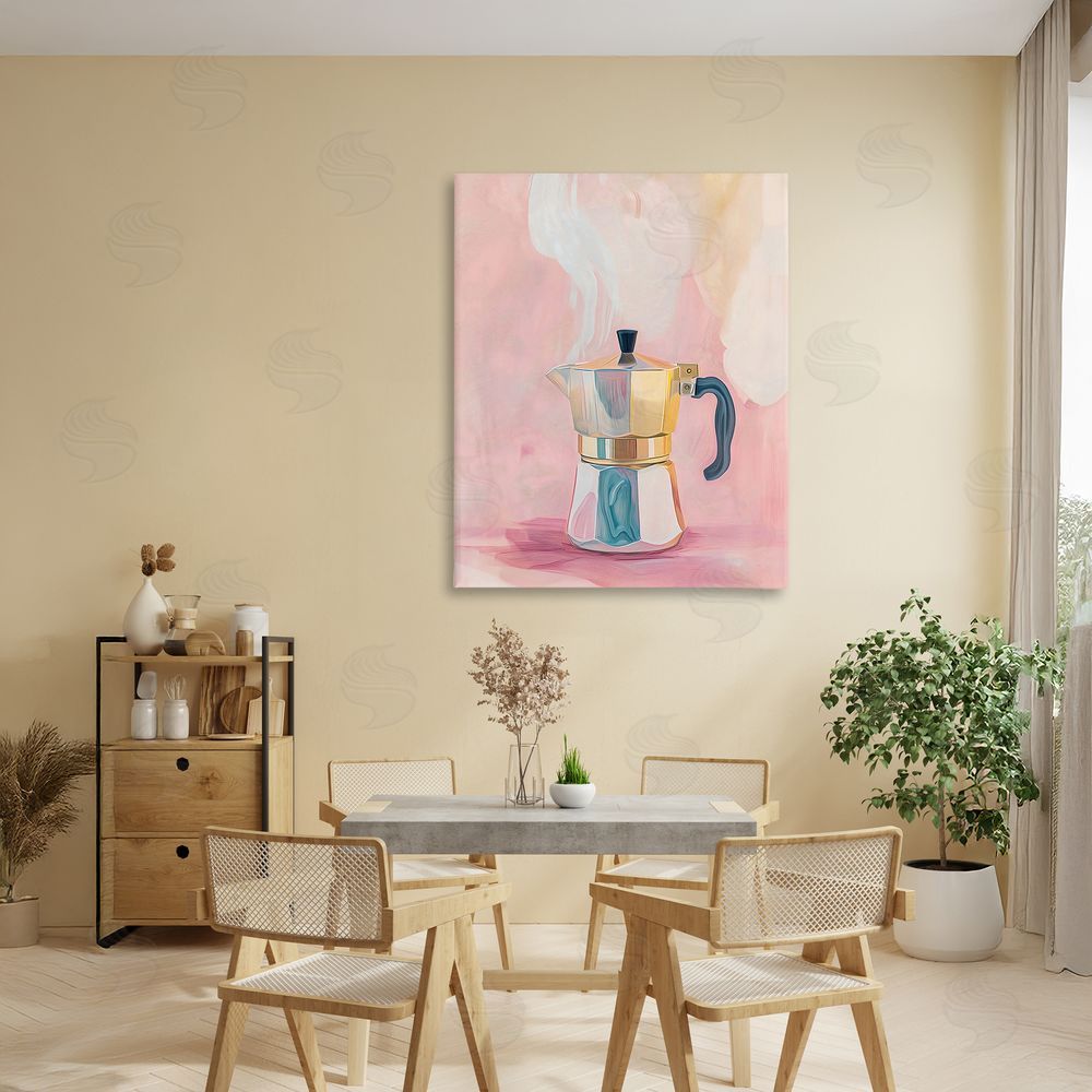 The Prints Vibe Vintage Coffee Maker on Pink Stretched Canvas on Wall