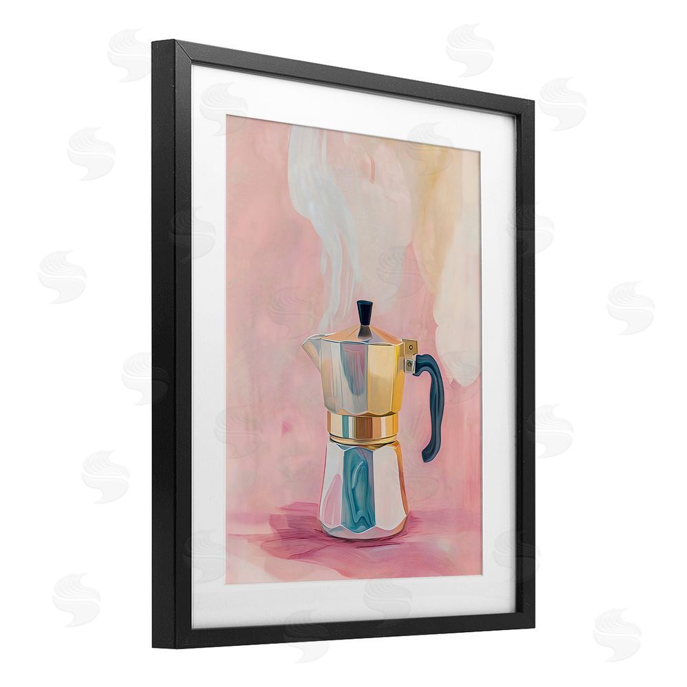 The Prints Vibe Vintage Coffee Maker on Pink Black Framed Print Under Glass with White Mat Wall Art