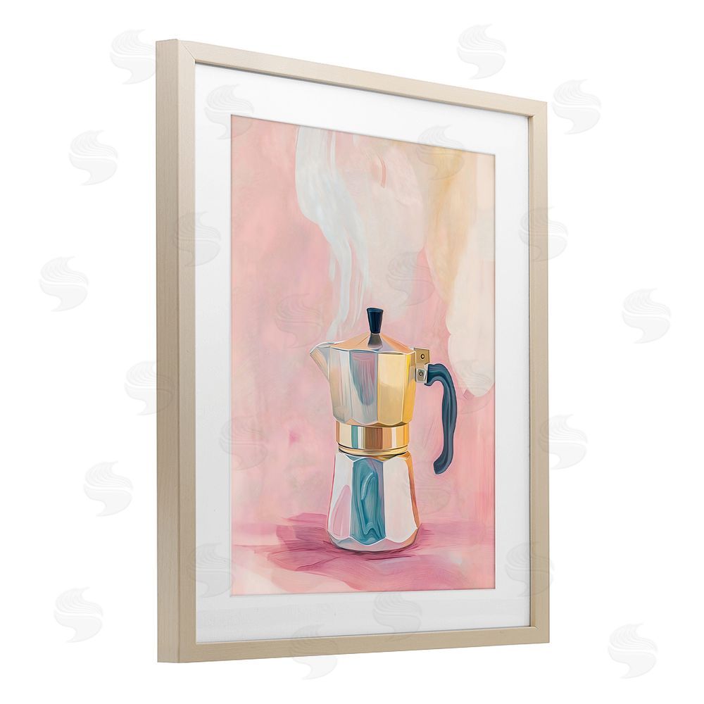 The Prints Vibe Vintage Coffee Maker on Pink Brown Framed Print Under Glass with White Mat Wall Art