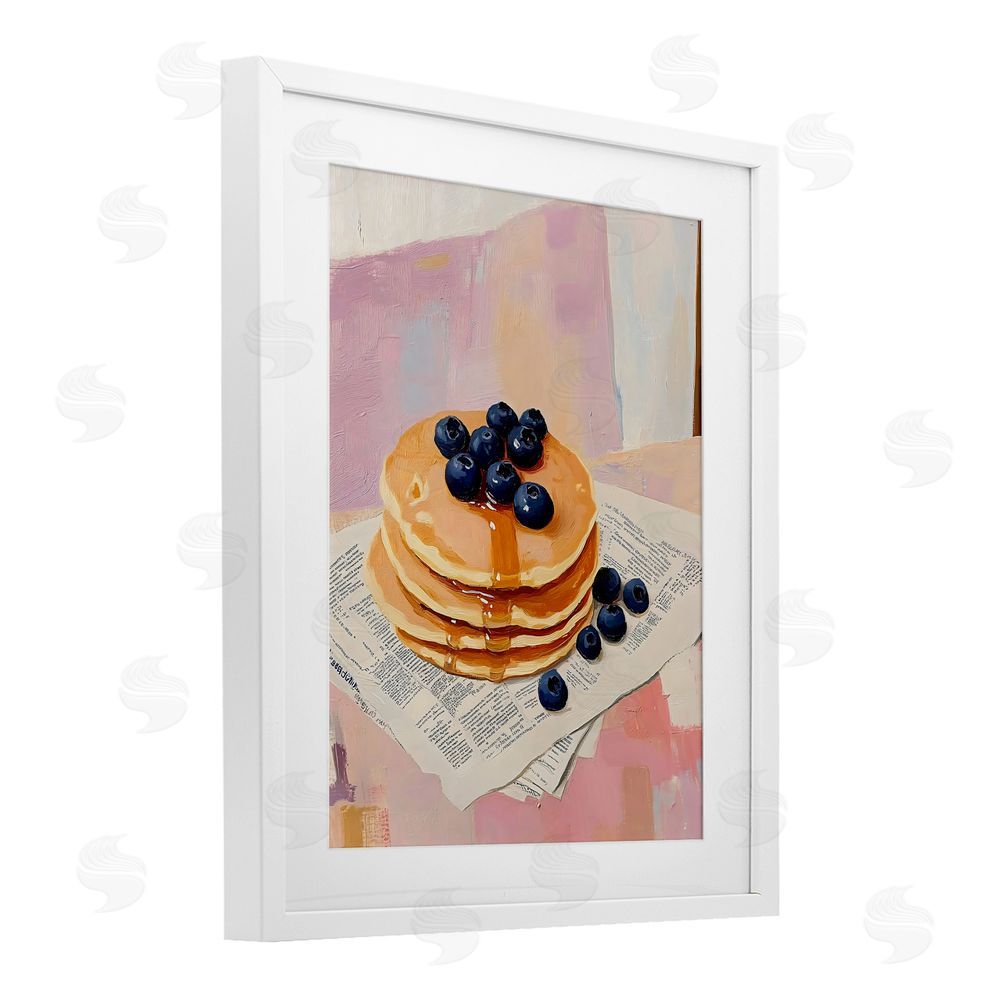 The Prints Vibe Blueberry Pancakes with Syrup White Framed Print Under Glass with Matting Wall Art