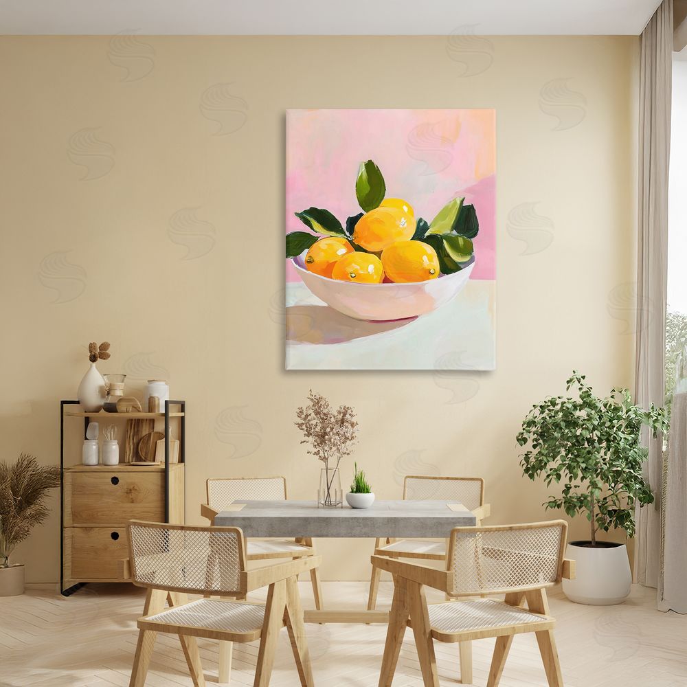 The Prints Vibe Bowl of Lemons in Sunlight Stretched Canvas Wall Art Print in Room