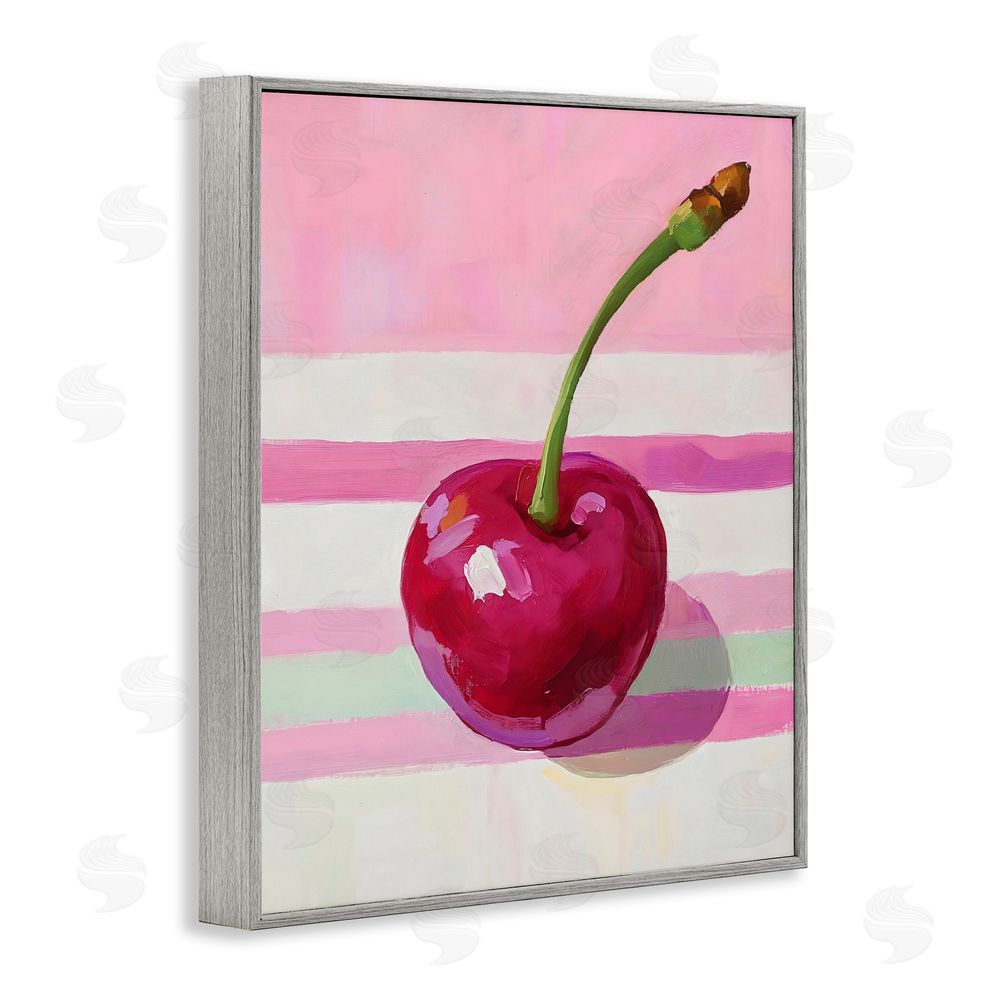 The Prints Vibe Cherry on Pink Stripes Gray Framed Giclee Wall Art Print
