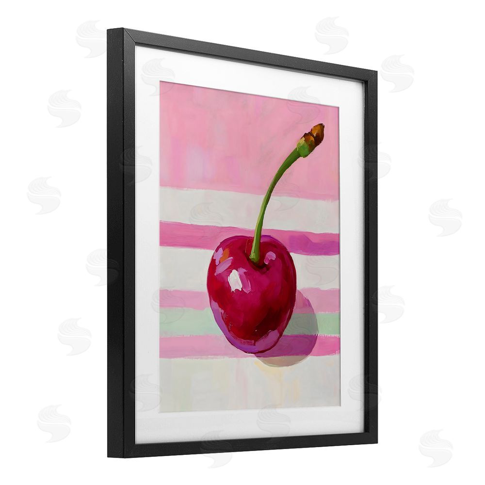 The Prints Vibe Cherry on Pink Stripes Black Framed Print Under Glass Wall Art