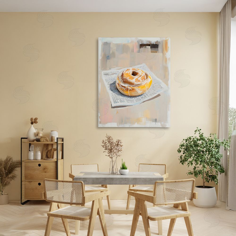 The Prints Vibe Cinnamon Roll & Morning Paper Stretched Canvas Wall Art in Room