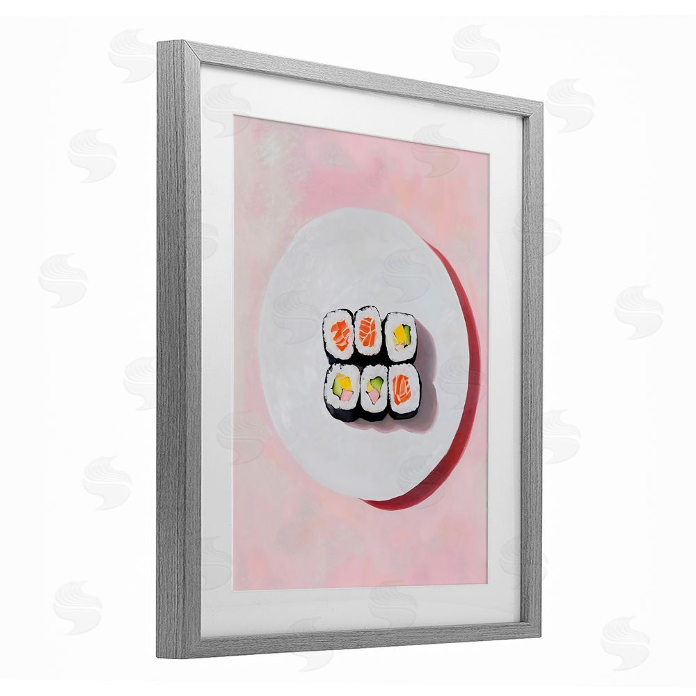 The Prints Vibe Sushi Rolls on Plate Gray Framed Print Under Glass with White Mat Wall Art