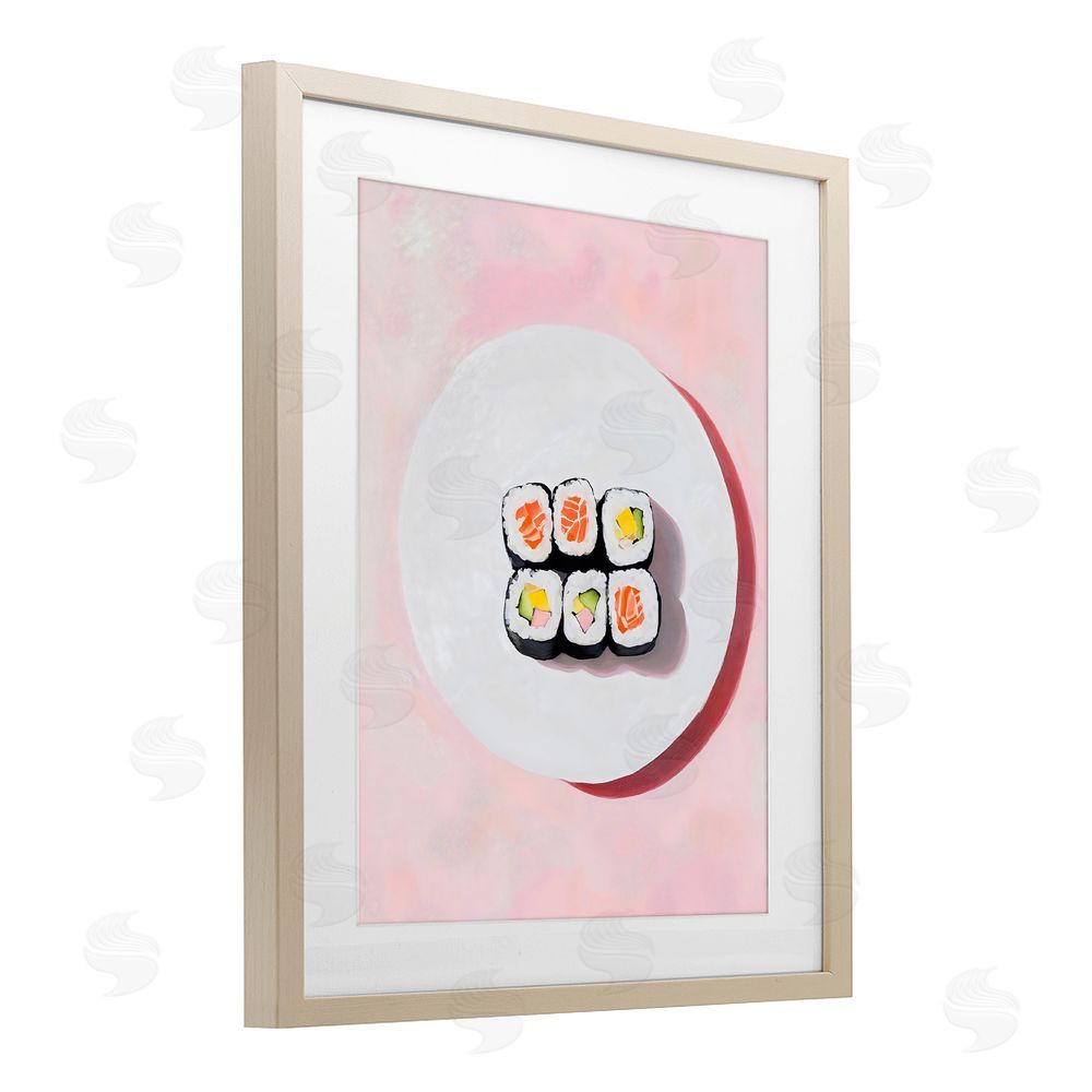The Prints Vibe Sushi Rolls on Plate Brown Framed Print Under Glass with White Mat Wall Art