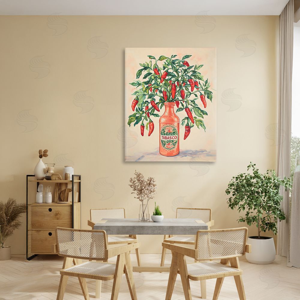 The Prints Vibe Chili Peppers in Hot Sauce Vase Stretched Canvas Wall Art in Room