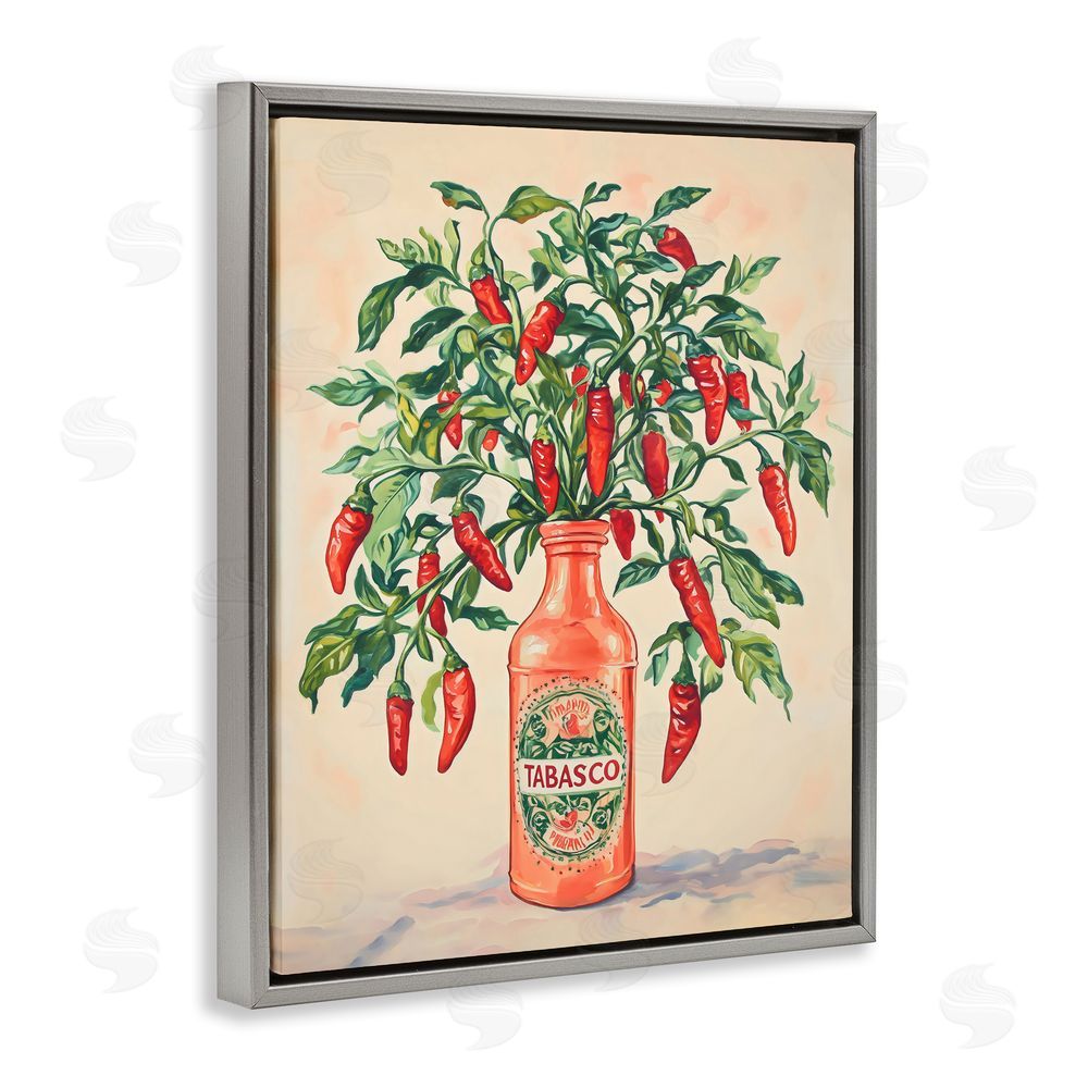 The Prints Vibe Chili Peppers in Hot Sauce Vase Gray Floating Frame Canvas Wall Art Print
