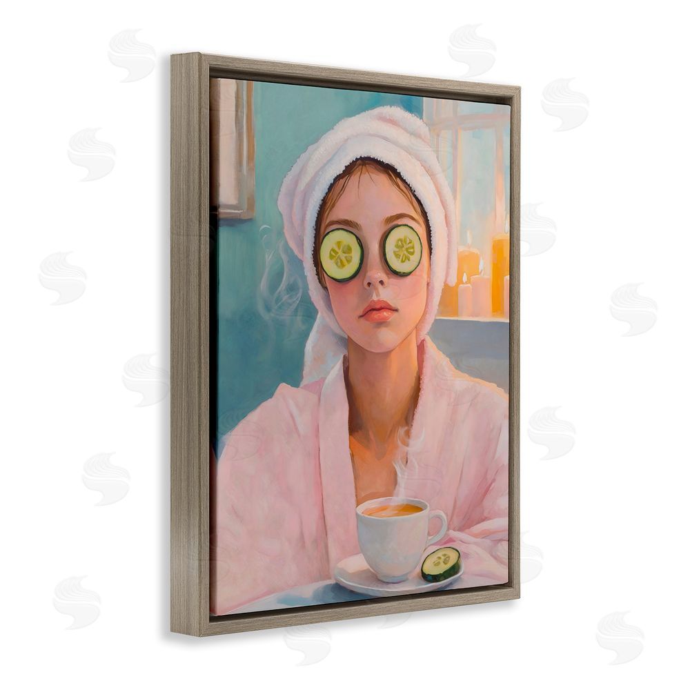 The Prints Vibe Spa Day Cucumber Self Care Brown Floating Framed Canvas Wall Art Print