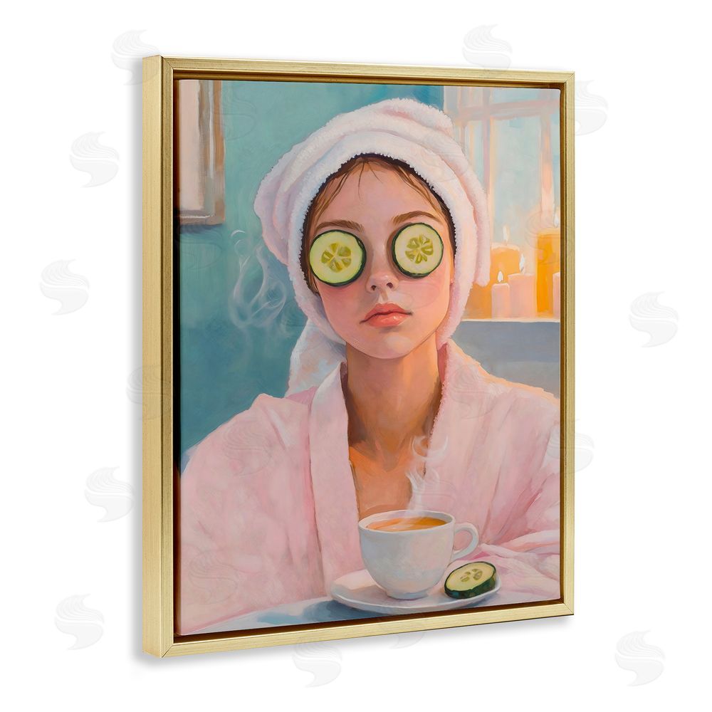 The Prints Vibe Spa Day Cucumber Self Care Gold Floating Framed Canvas Wall Art Print