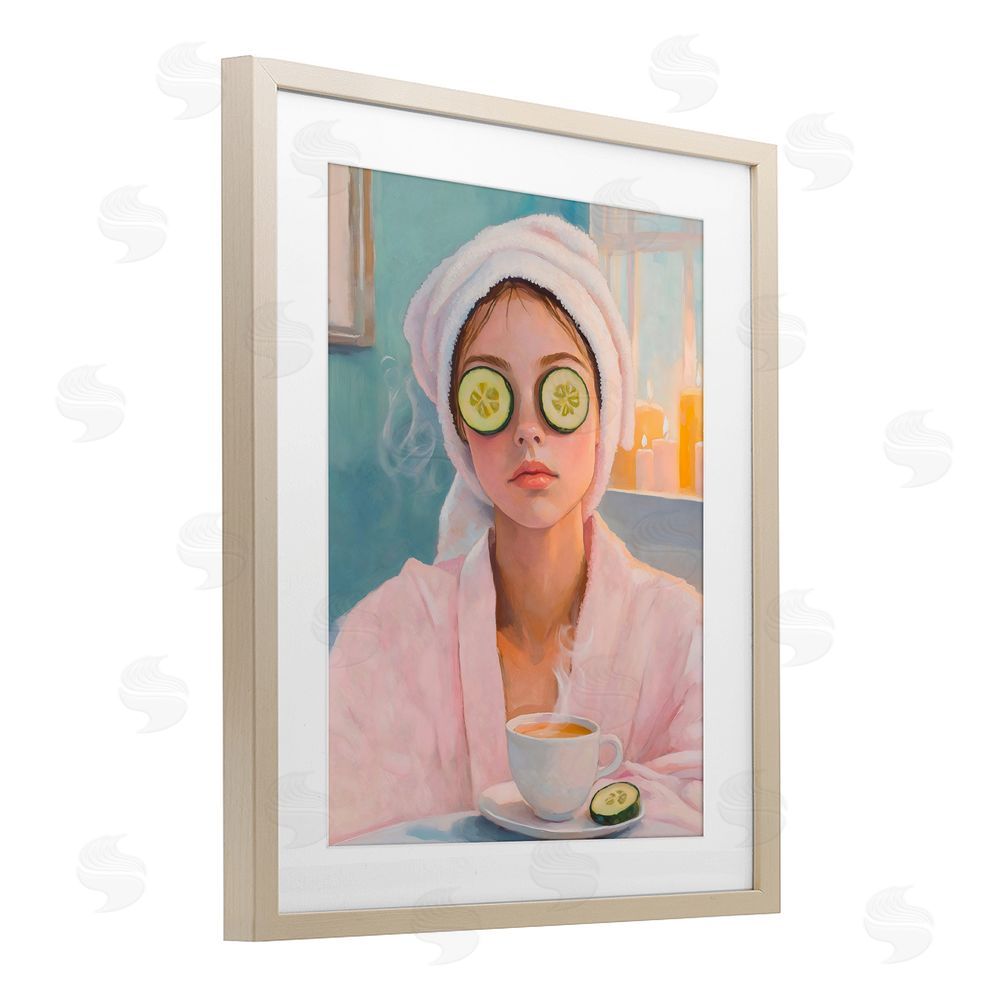 The Prints Vibe Spa Day Cucumber Self Care Brown Framed Print Under Glass with White Mat Wall Art