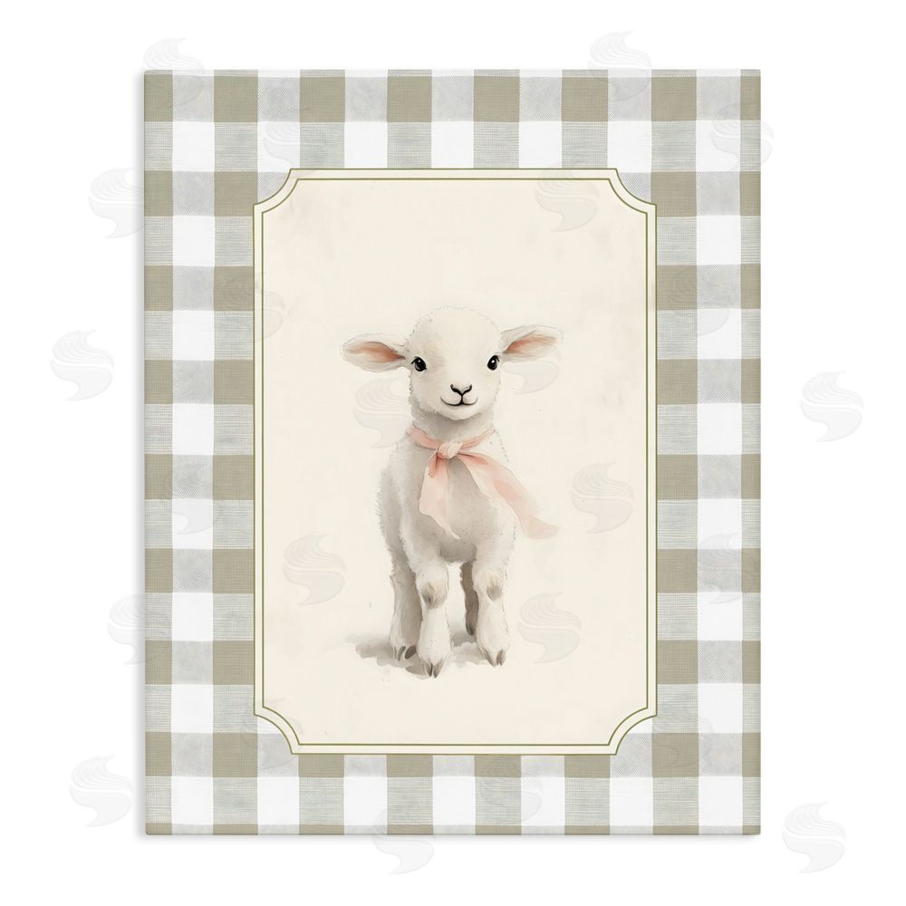 Arlington Prints Gingham Lamb with Pink Ribbon Stretched Canvas Wall Art