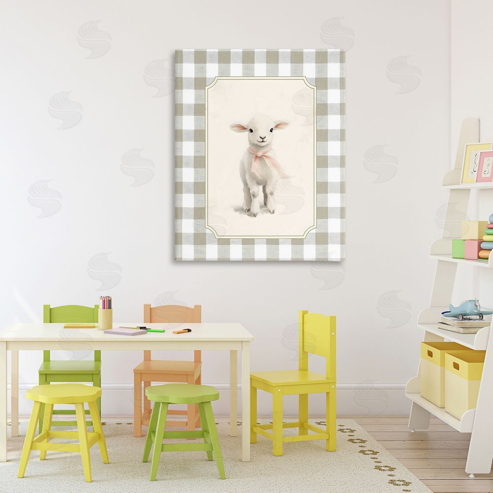 Arlington Prints Gingham Lamb with Pink Ribbon Stretched Canvas Wall Art in Room