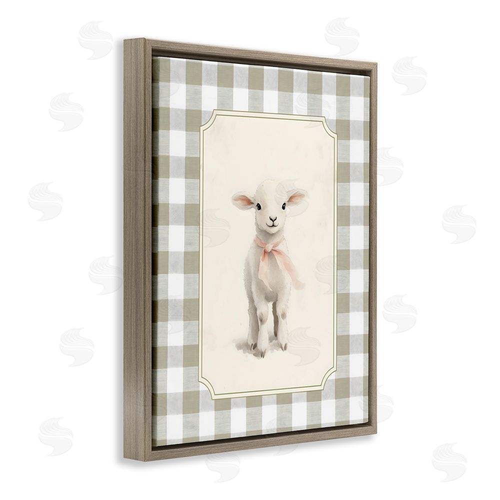Arlington Prints Gingham Lamb with Pink Ribbon Brown Floating Framed Canvas Wall Art