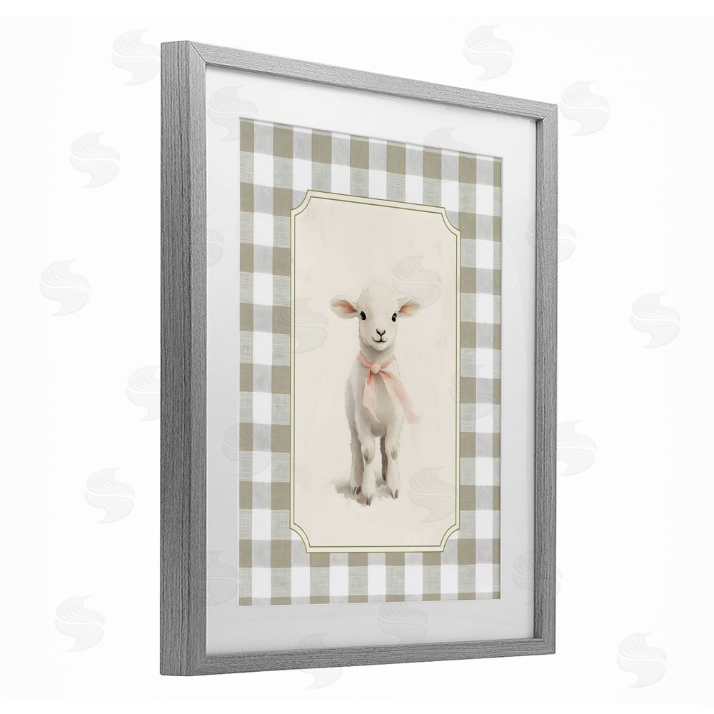 Arlington Prints Gingham Lamb with Pink Ribbon Gray Framed Print Under Glass Wall Art