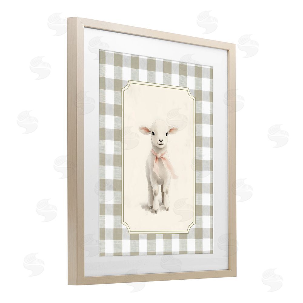 Arlington Prints Gingham Lamb with Pink Ribbon Brown Framed Print Under Glass Wall Art