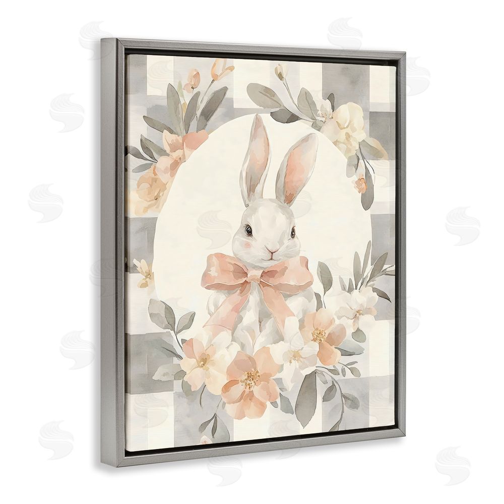 Creative Studio Adorable Bunny in Wreath Gray Floating Frame Stretched Canvas Wall Art Print