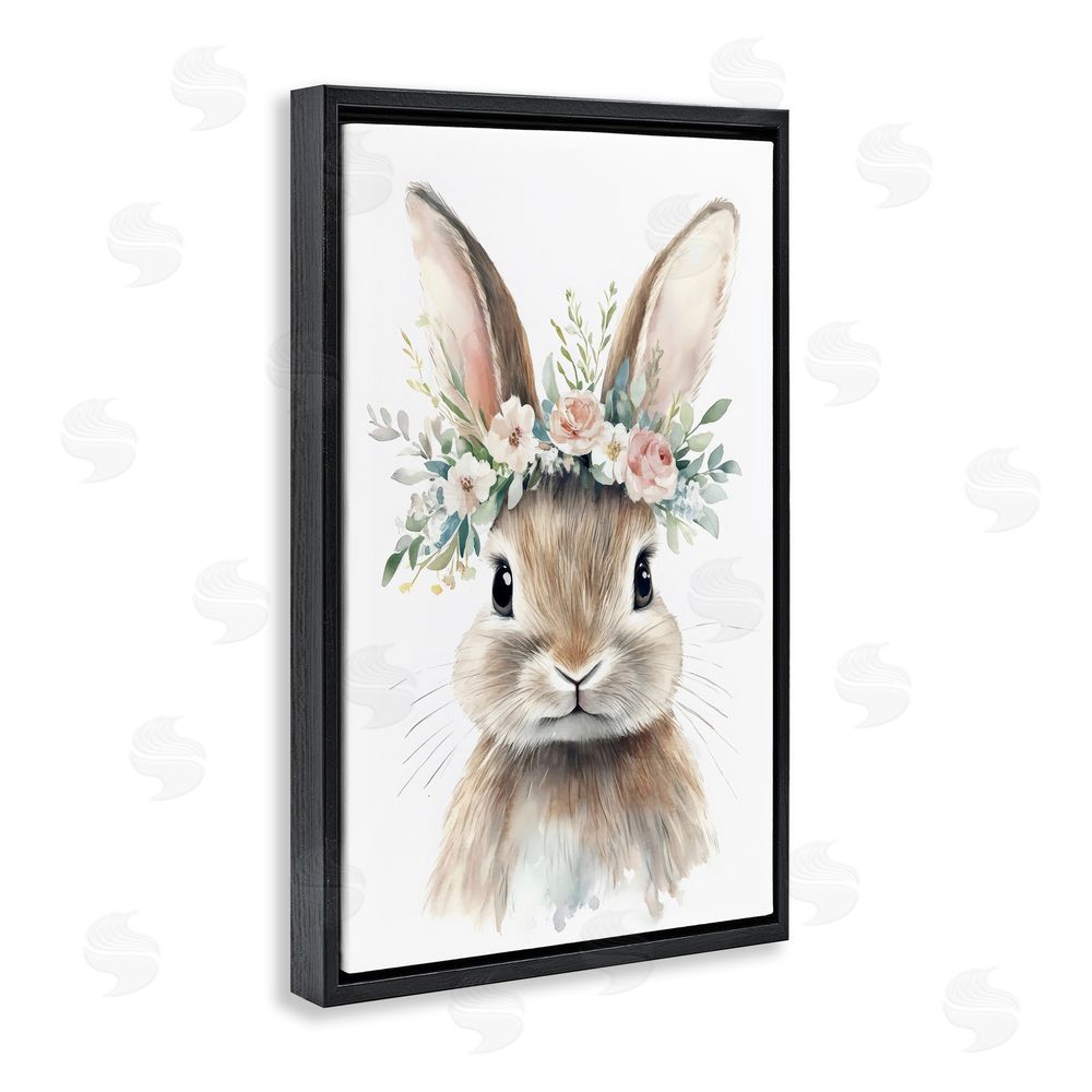 Creative Studio Flower Adorned Baby Rabbit Black Floating Framed Canvas Wall Art