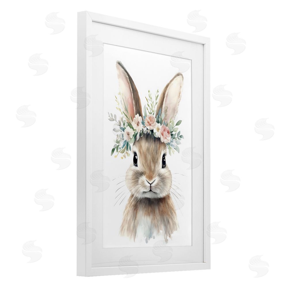 Creative Studio Flower Adorned Baby Rabbit White Framed Print Under Glass Wall Art