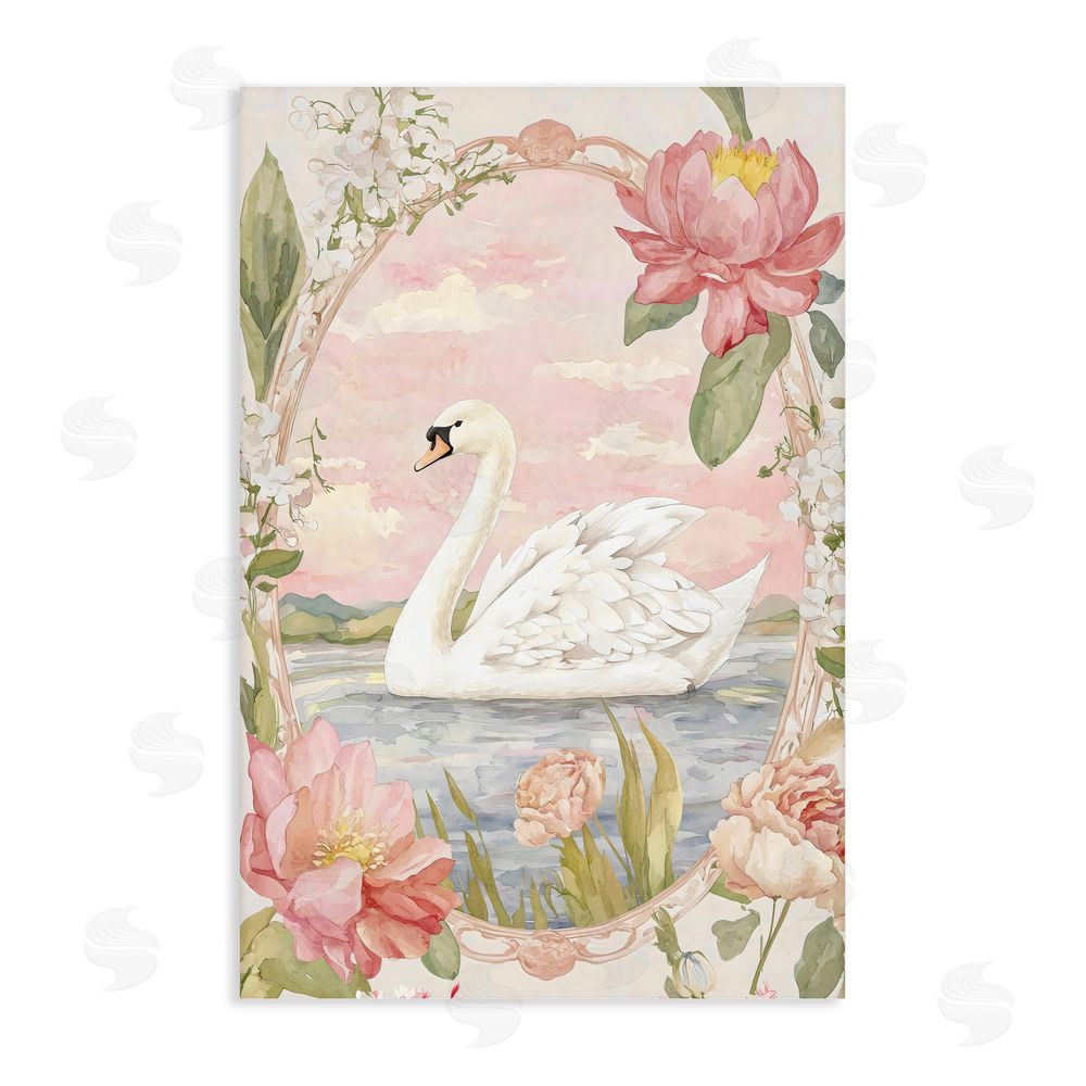 Creative Studio Floral Border Swan in Bloom Stretched Canvas Wall Art
