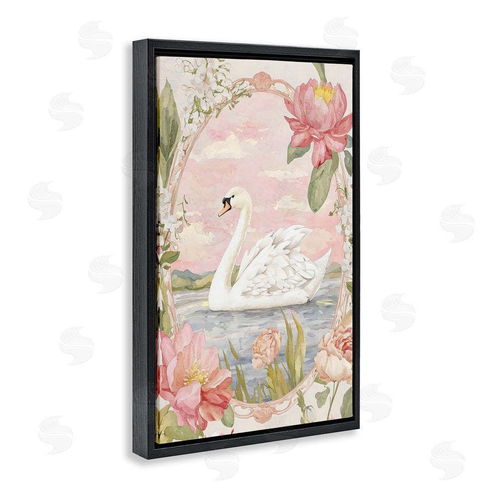 Creative Studio Floral Border Swan in Bloom Black Floating Framed Canvas Wall Art