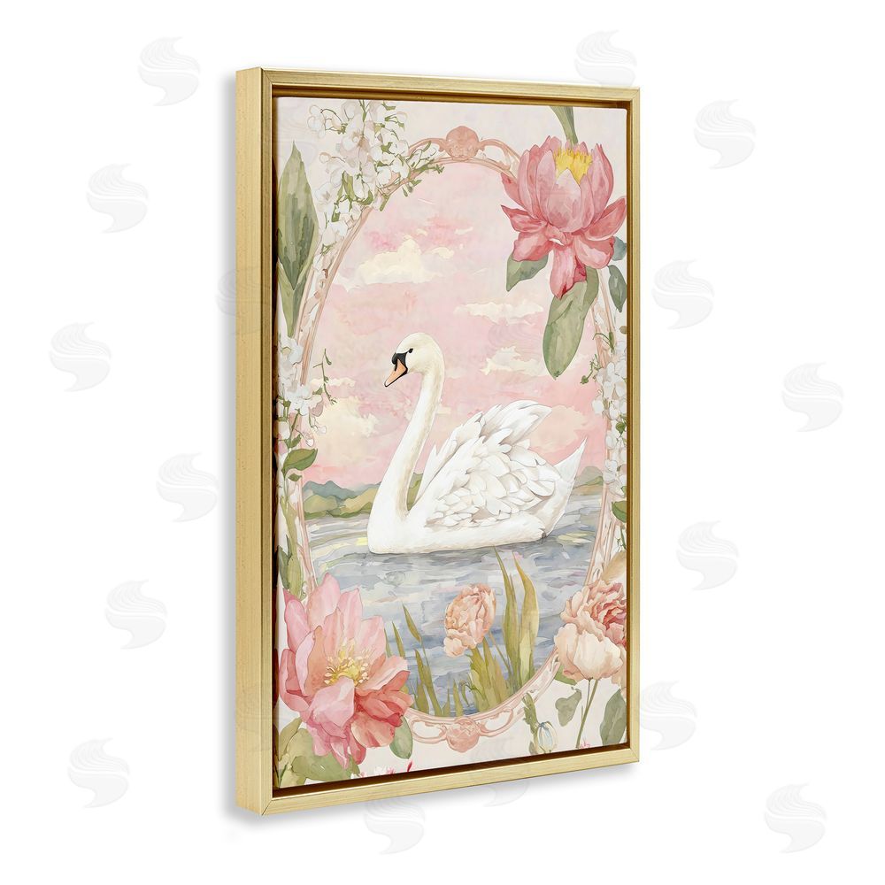 Creative Studio Floral Border Swan in Bloom Gold Floating Framed Canvas Wall Art