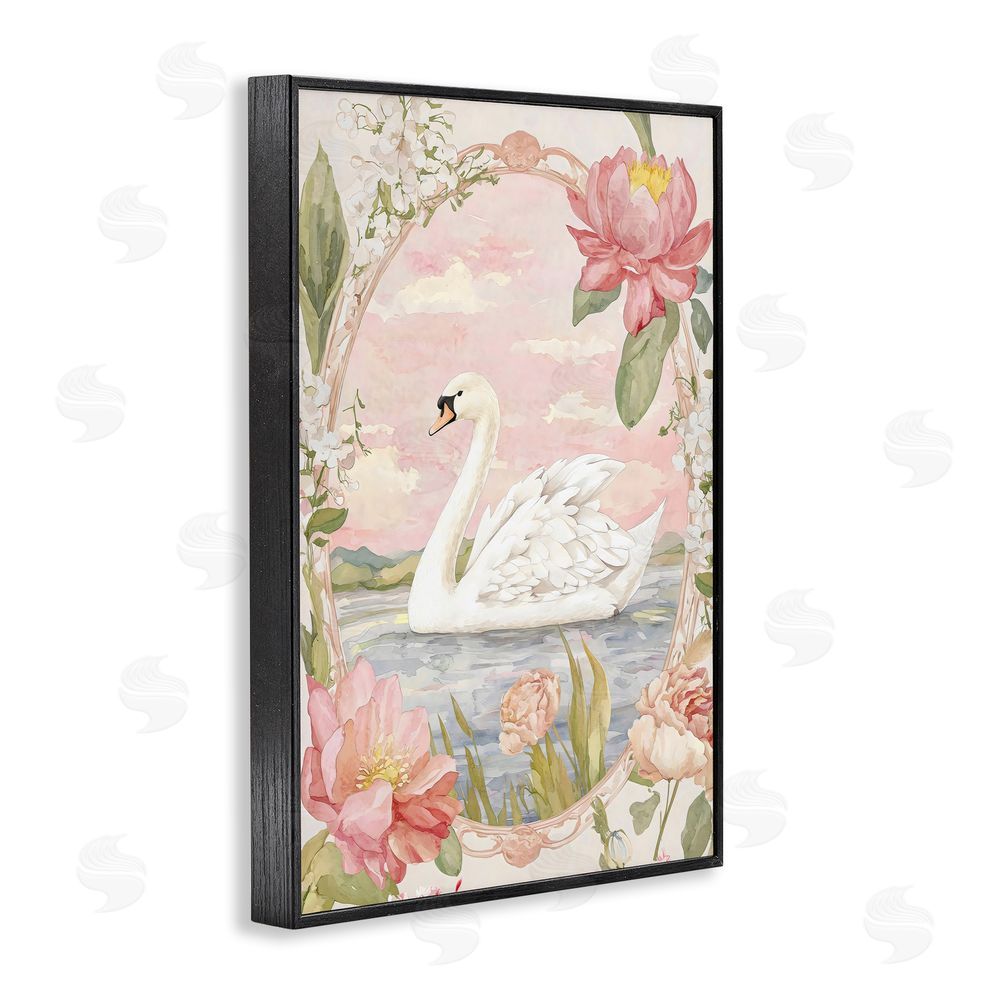 Creative Studio Floral Border Swan in Bloom Black Framed Giclee Wall Art