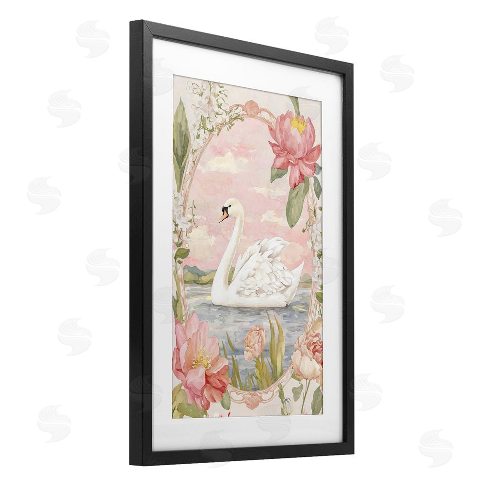 Creative Studio Floral Border Swan in Bloom Black Framed Print Under Glass Wall Art