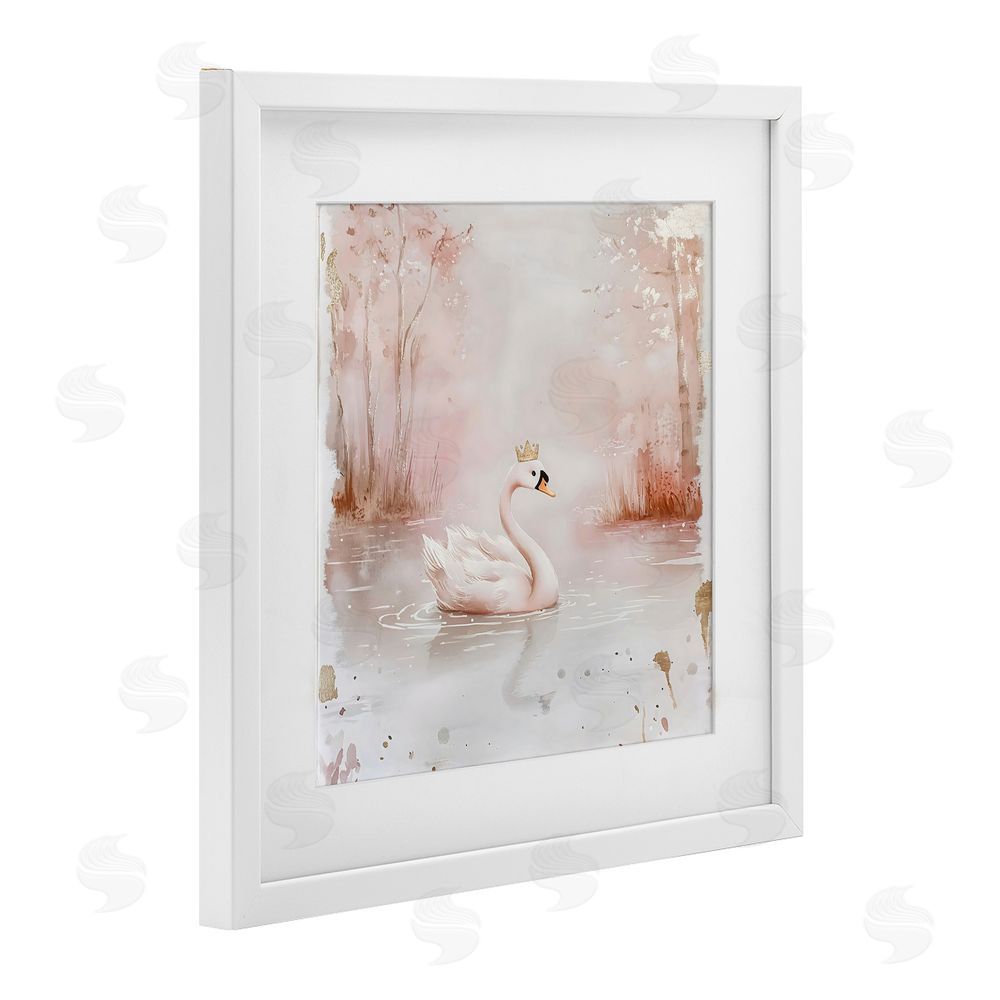 Creative Studio Swan with Crown in Pastels White Framed Print Under Glass with White Mat Wall Art