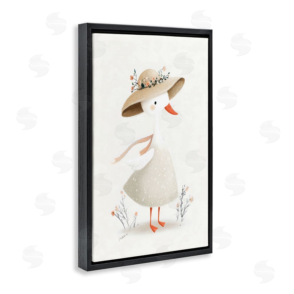 Ink Drop Loft Charming Goose in Sunhat Black Floating Frame Stretched Canvas Wall Art Print
