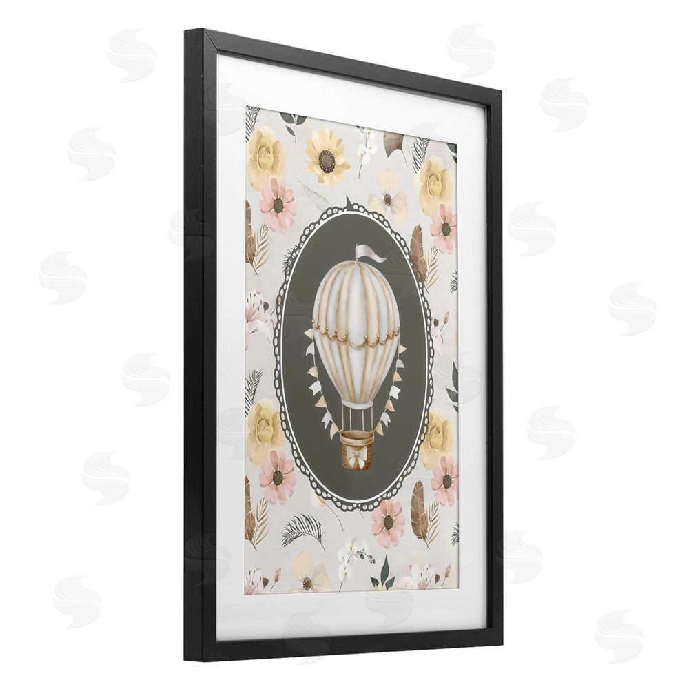 Ink Drop Loft Sunnyside Balloon over Florals Black Framed Print Under Glass with White Mat Wall Art