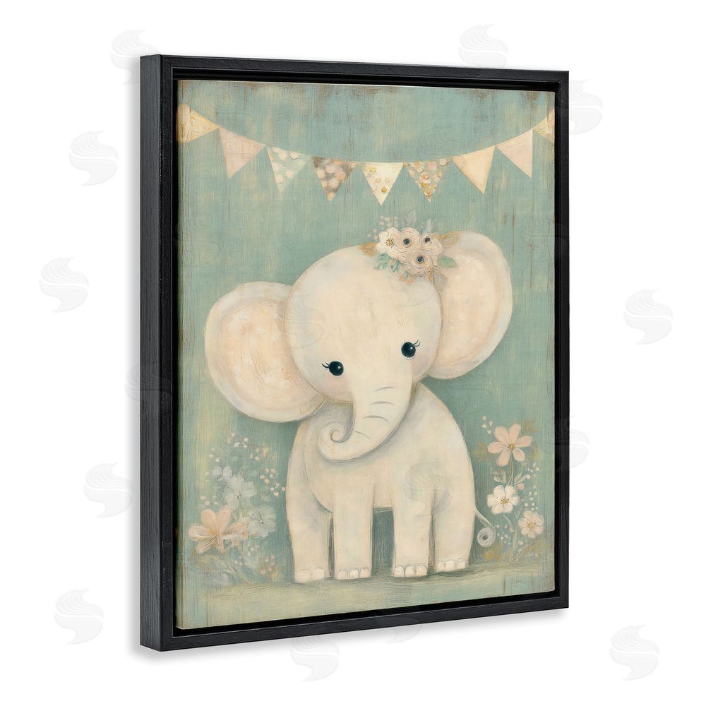 Ink Drop Loft Elephant with Overhead Banner Black Floating Framed Canvas Wall Art