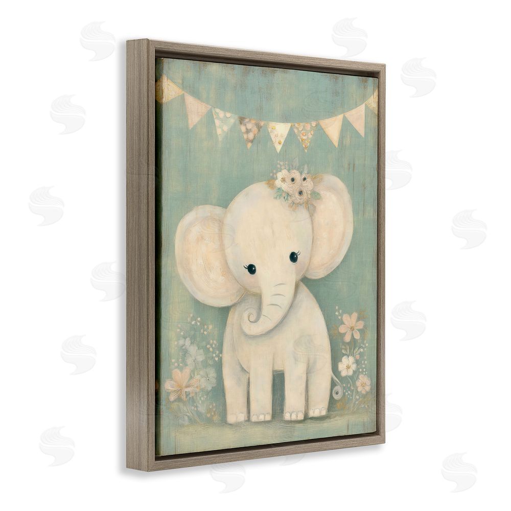 Ink Drop Loft Elephant with Overhead Banner Brown Floating Framed Canvas Wall Art