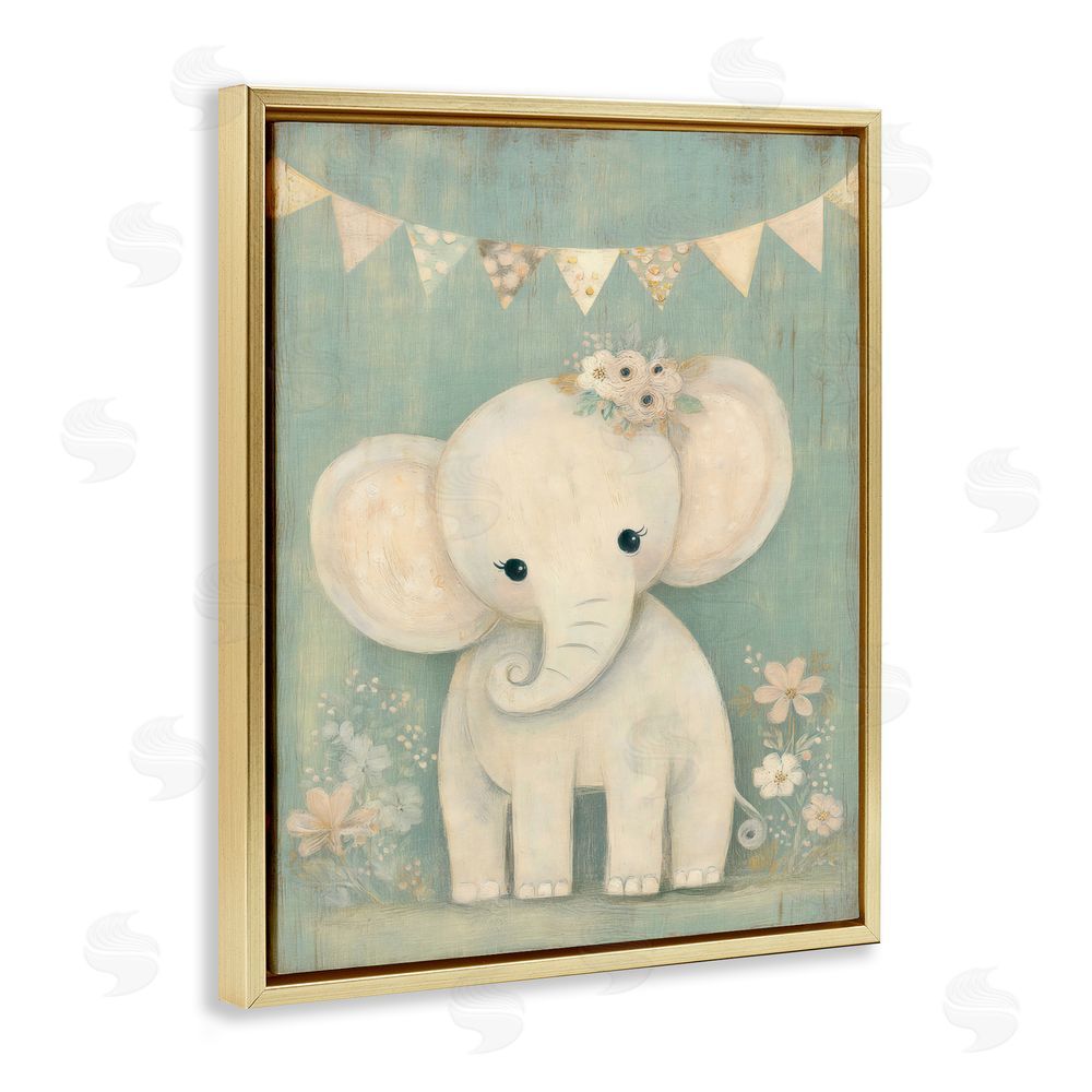 Ink Drop Loft Elephant with Overhead Banner Gold Floating Framed Canvas Wall Art