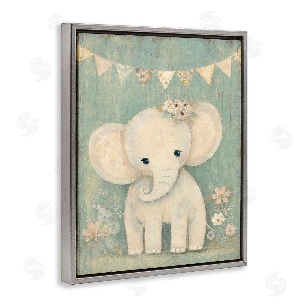Ink Drop Loft Elephant with Overhead Banner Gray Floating Framed Canvas Wall Art
