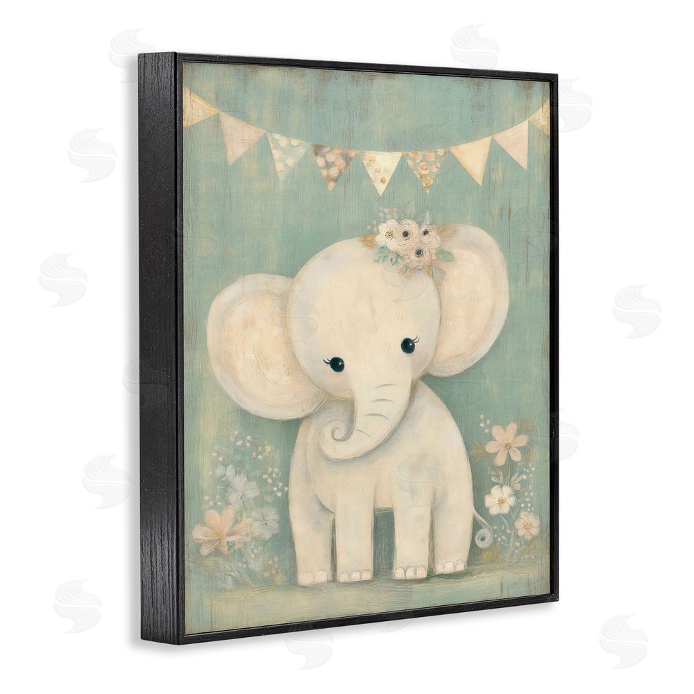 Ink Drop Loft Elephant with Overhead Banner Black Framed Giclee Wall Art