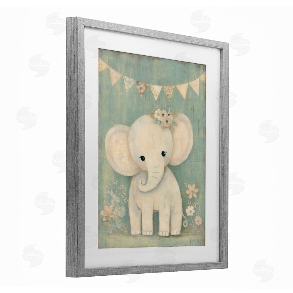 Ink Drop Loft Elephant with Overhead Banner Gray Framed Print Under Glass Wall Art