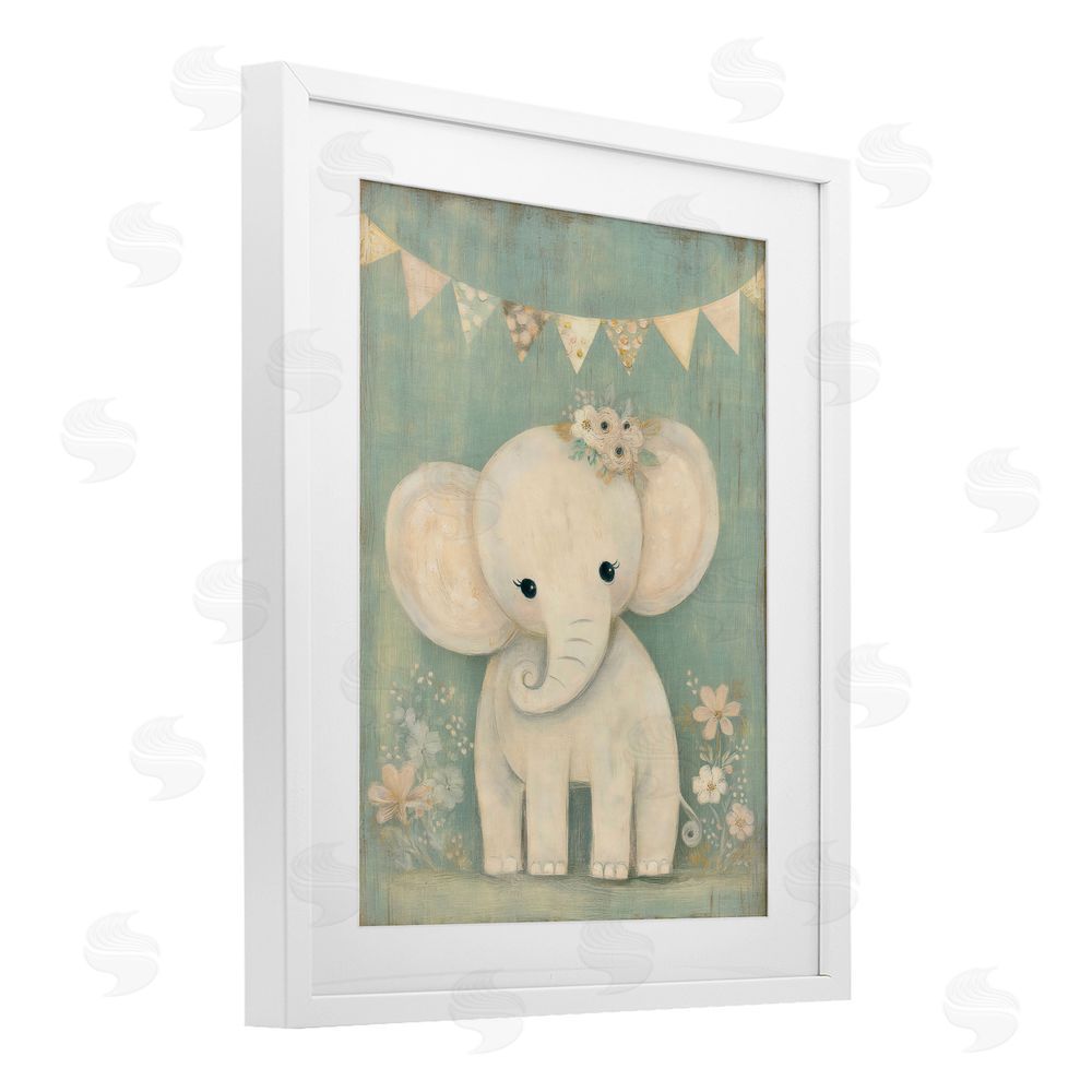 Ink Drop Loft Elephant with Overhead Banner White Framed Print Under Glass Wall Art