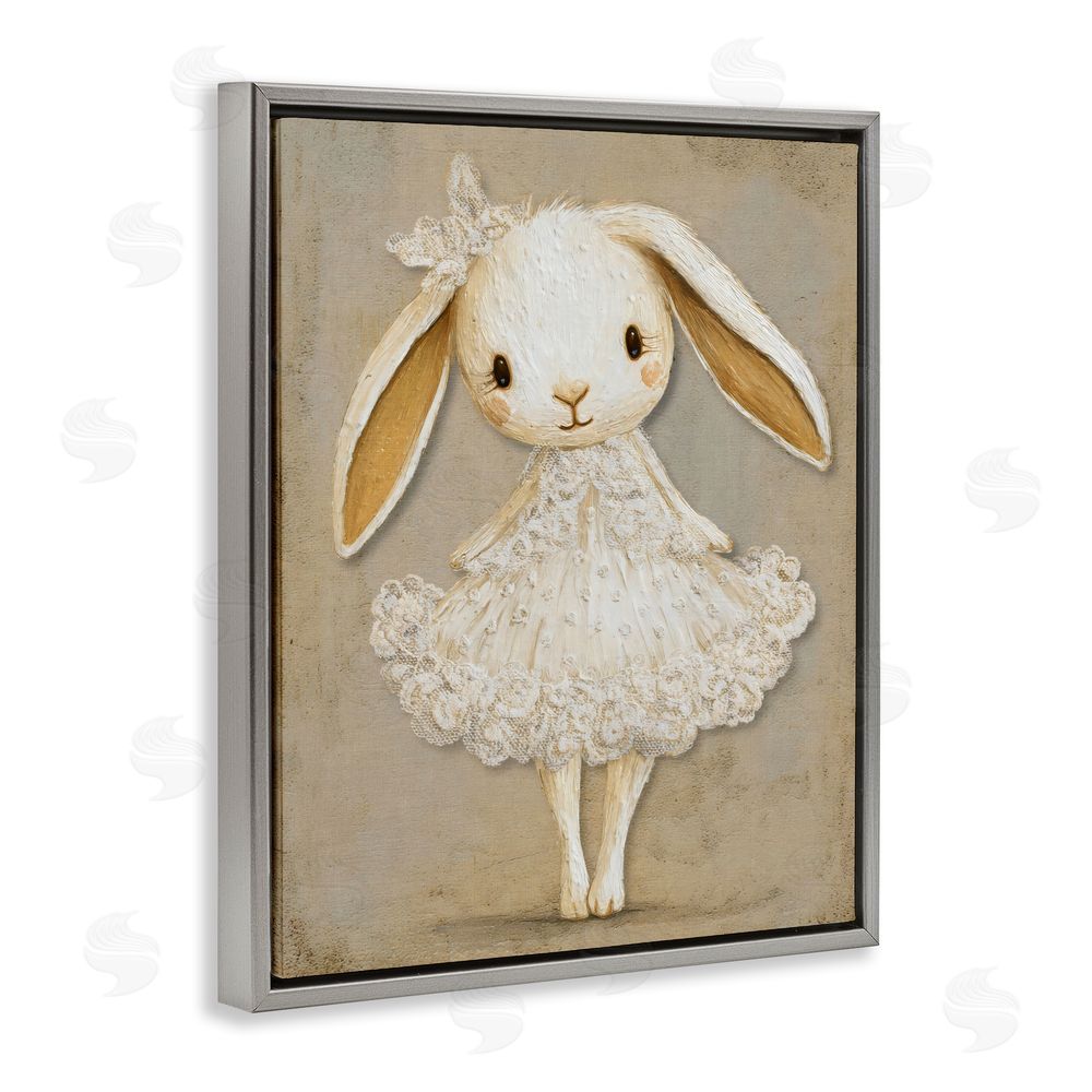 Ink Drop Loft Ballerina Bunny in Lace Dress Gray Floating Frame Stretched Canvas Wall Art Print