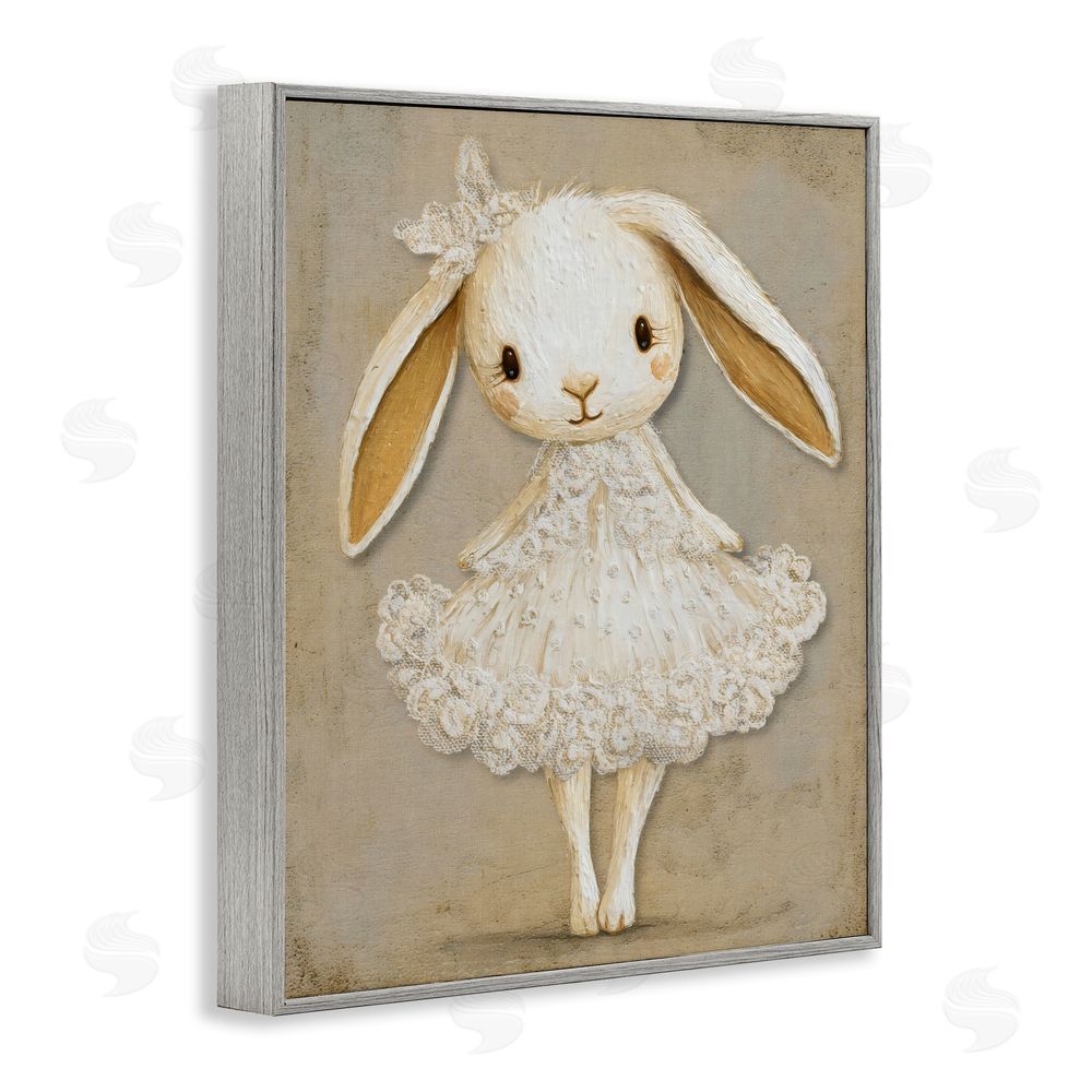 Ink Drop Loft Ballerina Bunny in Lace Dress Gray Framed Giclee Wall Art Print