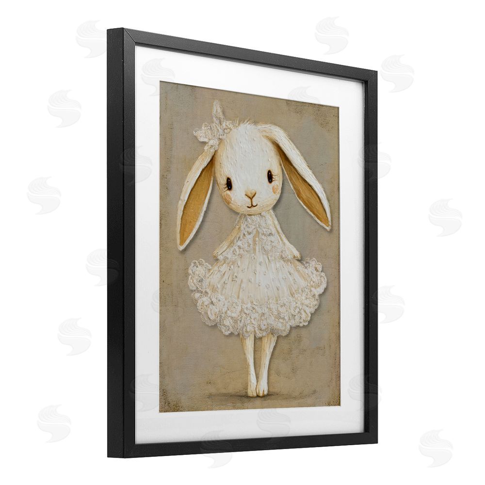 Ink Drop Loft Ballerina Bunny in Lace Dress Black Framed Print Under Glass with Matting Wall Art