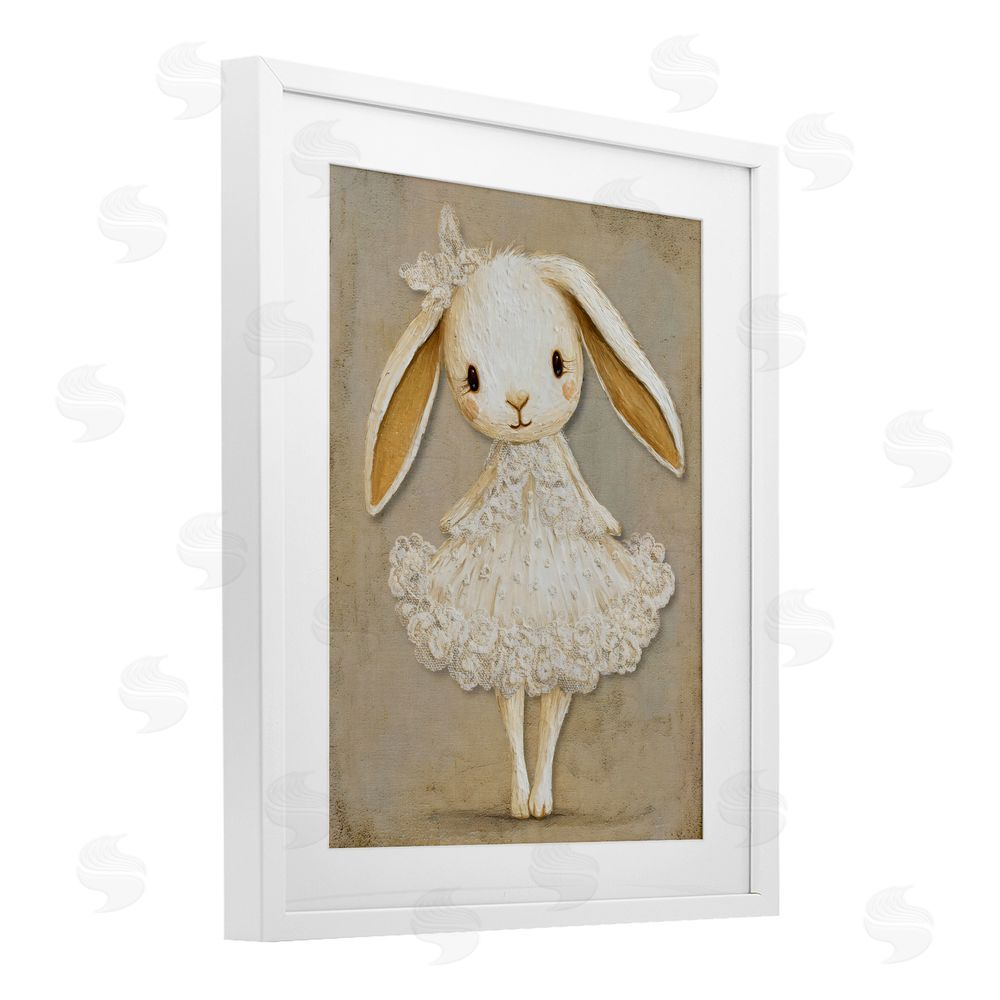 Ink Drop Loft Ballerina Bunny in Lace Dress White Framed Print Under Glass with Matting Wall Art