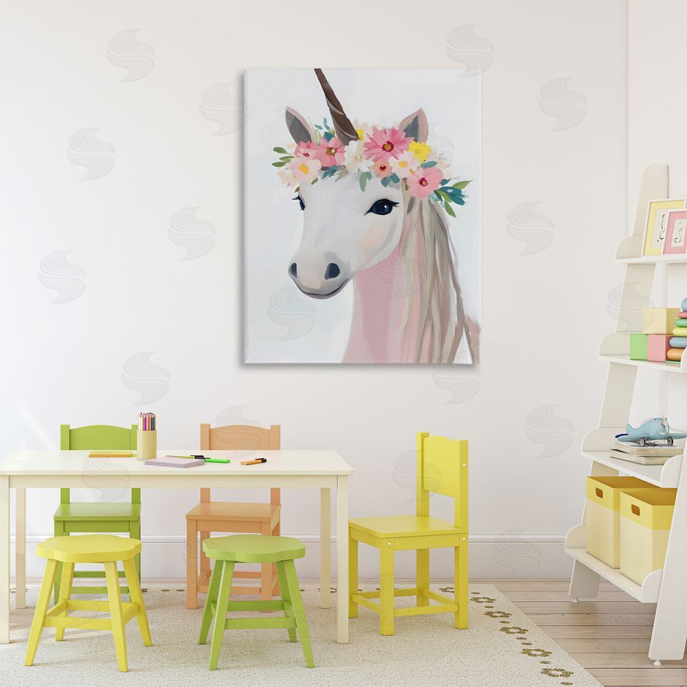 The Prints Vibe Flower Crown Unicorn Stretched Canvas Wall Art in Room