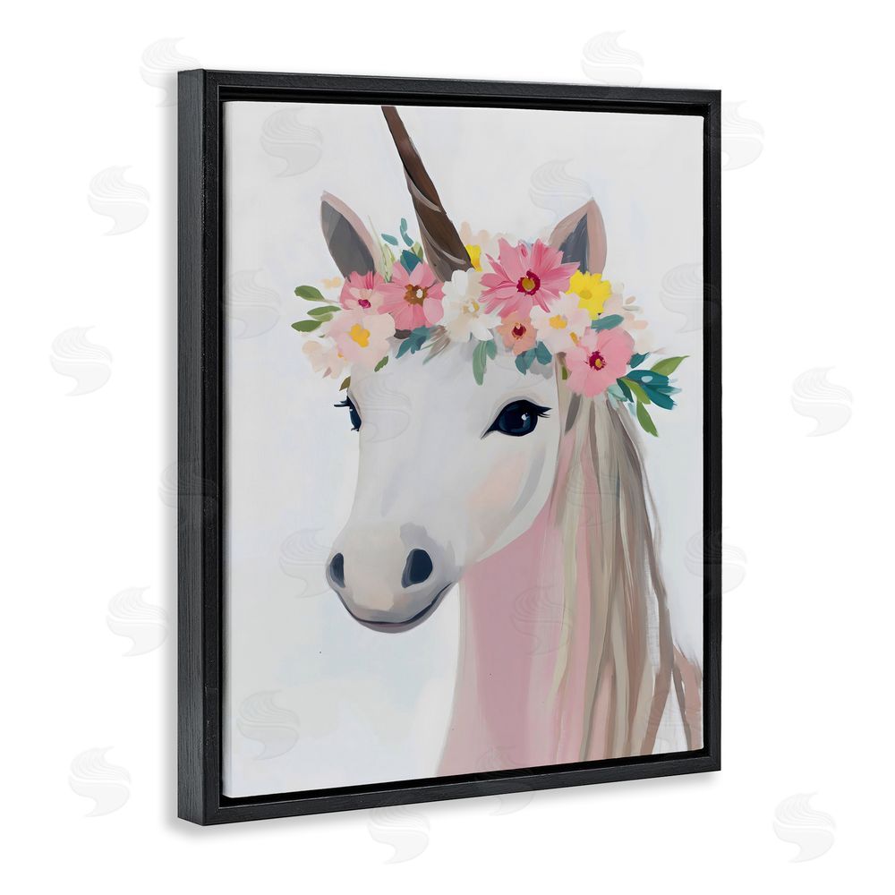 The Prints Vibe Flower Crown Unicorn Black Floating Framed Canvas Wall Art