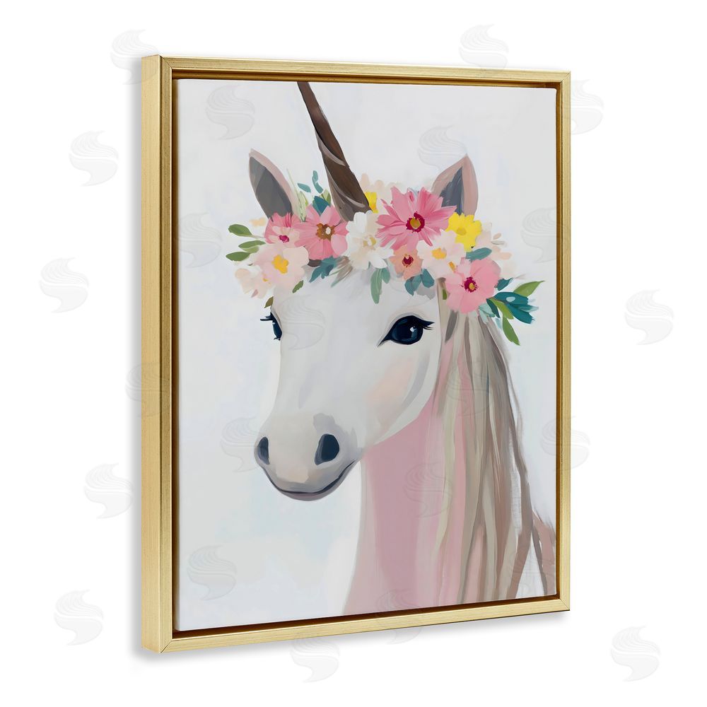 The Prints Vibe Flower Crown Unicorn Gold Floating Framed Canvas Wall Art