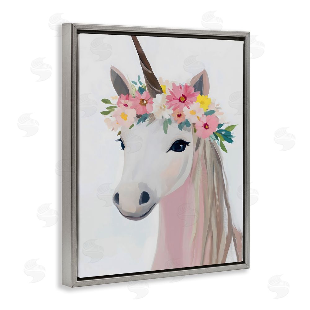 The Prints Vibe Flower Crown Unicorn Gray Floating Framed Canvas Wall Art