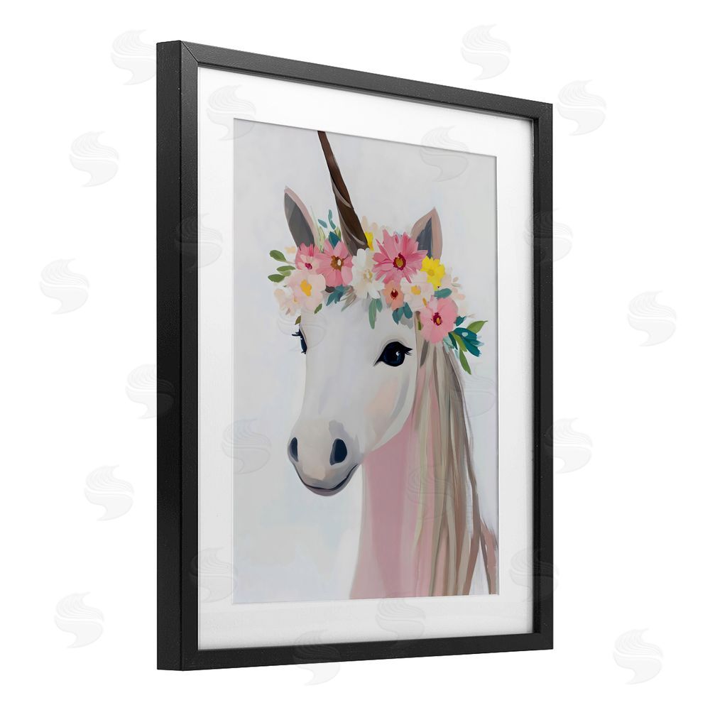 The Prints Vibe Flower Crown Unicorn Black Framed Print Under Glass Wall Art