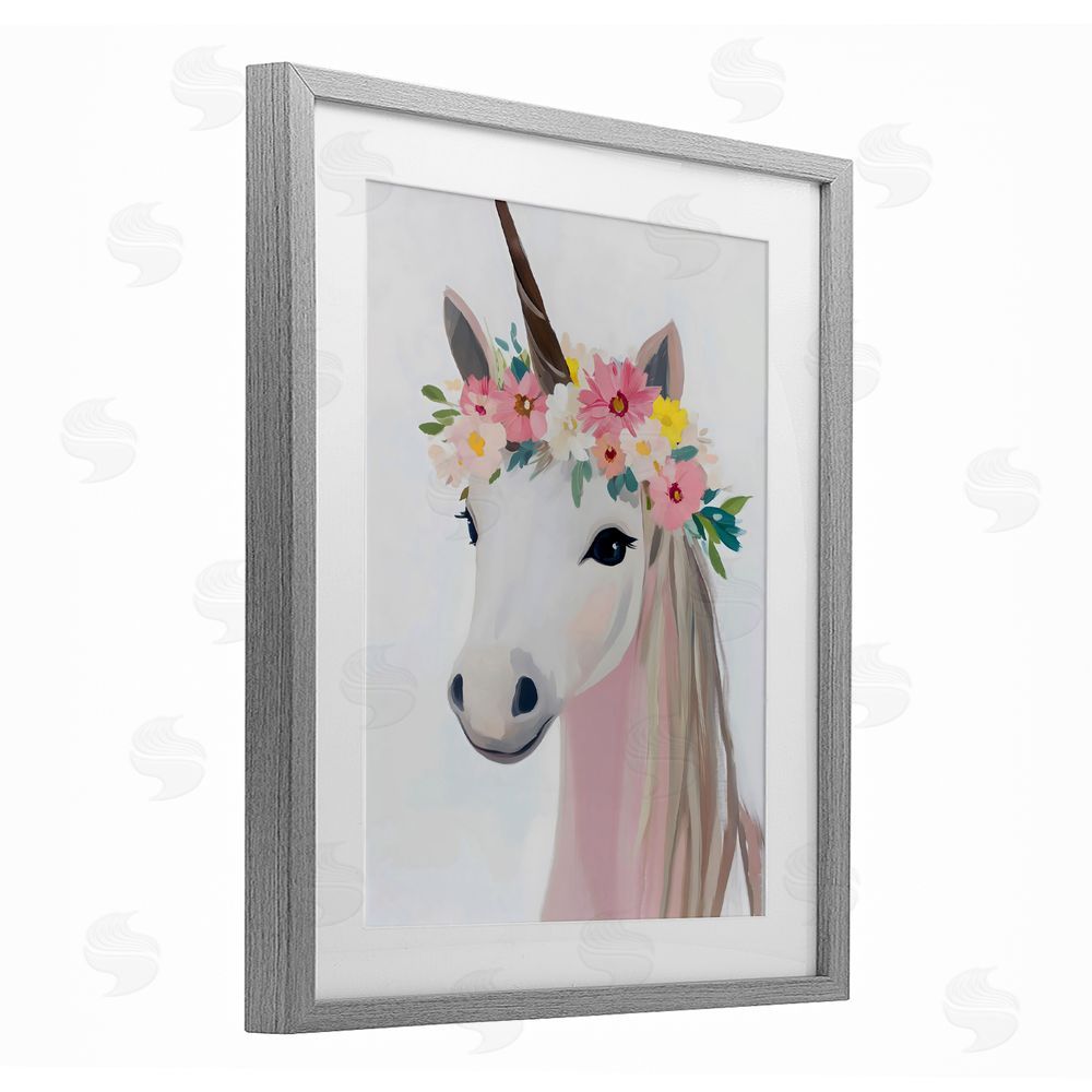 The Prints Vibe Flower Crown Unicorn Gray Framed Print Under Glass Wall Art