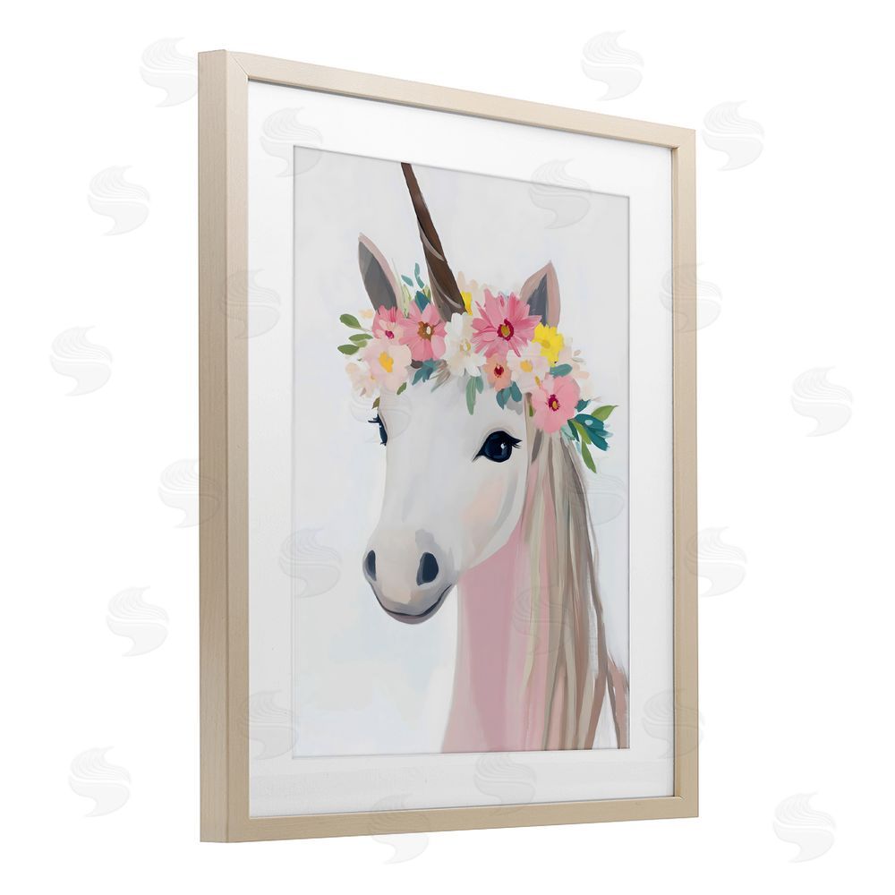 The Prints Vibe Flower Crown Unicorn Brown Framed Print Under Glass Wall Art
